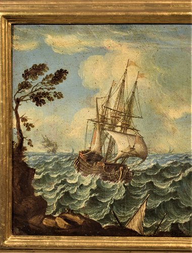 Stormy marine with galleons on the coasts
